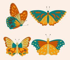 conjunto de mariposas hippie retro de los años 60 y 70 para tarjetas, pegatinas o diseño de afiches. ilustración vectorial plana vector