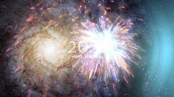 gelukkig nieuw jaar gouden tekst met vuurwerk en sneeuwvlokken video