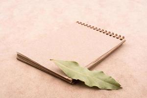cuaderno espiral y hojas secas foto