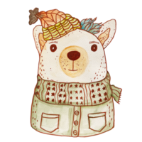 watercolor illustration of a bear wearing a scarf png