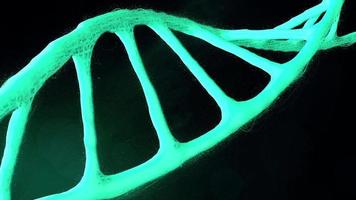 A rotating double helix of green DNA on a dark background