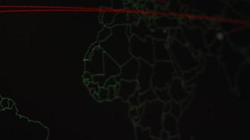 World map with different targets for cyber attack. Hacking and technology concept. Macro shooting at monitor pixels video