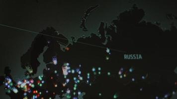 World map with different targets for cyber attack. Hacking and technology concept. Macro shooting at monitor pixels video