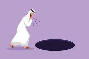 Graphic flat design drawing Arab businessman scream into pit hole. Man wondering and looking at big hole, business concept in opportunity, exploration or challenge. Cartoon style vector illustration