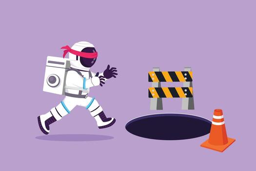 Cartoon flat style drawing blindfolded young astronaut running to find money with pit hole in moon surface. Blind investment metaphor. Cosmonaut deep space concept. Graphic design vector illustration