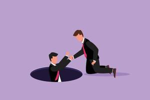 Character flat drawing competitive businessman helping his friend by take him out from hole. Two men one of whom helps another. Business struggle and teamwork. Cartoon style design vector illustration