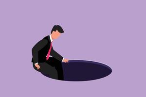 Character flat drawing of businessman descends into the hole. Concept of failure to take advantage of business opportunities. Depressed and business failure concept. Cartoon design vector illustration