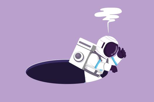Cartoon flat style drawing young astronaut trying to get out from hole in moon surface. Metaphor to facing big problem. Exploration struggles. Cosmonaut deep space. Graphic design vector illustration