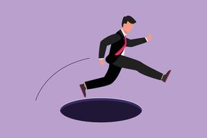 Graphic flat design drawing of young businessman jumping through hole, metaphor to facing big problem. Business struggles in market competition. Strength for success. Cartoon style vector illustration