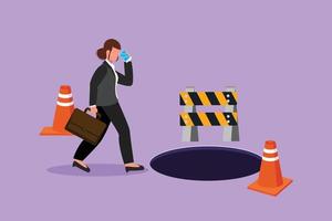 Cartoon flat style drawing young businesswoman talking on cell phone and he does not see hole in front. Female manager using smartphone and walks to business trap. Graphic design vector illustration