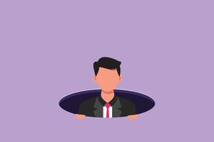 Cartoon flat style drawing businessman emerges from hole. Concept of failure to take advantage of business opportunities. Depressed and business failure. Graphic character design vector illustration