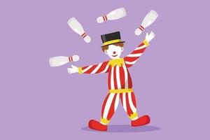 Graphic flat design drawing male clown juggling bowling pin. The playing clown very funny and entertained audience. Circus show event. Success business performance. Cartoon style vector illustration