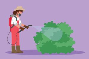 Cartoon flat style drawing happy female farmer wearing masks and carrying equipment to spray crops with disinfectant spray. Keep plants from pests and stay healthy. Graphic design vector illustration