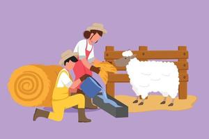 Character flat drawing couple farmer feed sheep with fresh grass to be healthy, produce the best milk, meat, fleece. Livestock worker activities. Successful farming. Cartoon design vector illustration