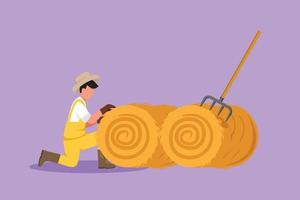 Cartoon flat style drawing young male farmer was stabbing a haystack and rolling it up with a straw stick. Livestock worker activities. Successful farming concept. Graphic design vector illustration