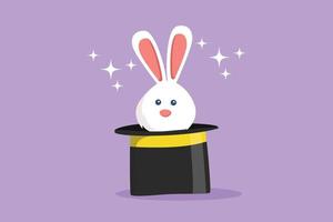 Cartoon flat style drawing of cute bunny or funny rabbit appears in magician's black hat. Animal magic show at the traveling circus. Circus show event entertainment. Graphic design vector illustration