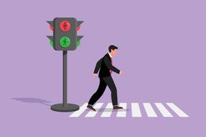 Cartoon flat style drawing young male worker crosses the road on the zebra crossing after returning from work. There's a traffic light to regulate traffic roadway. Graphic design vector illustration