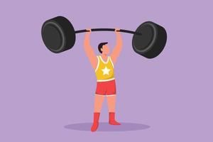 Character flat drawing of strongman raised the curved barbell with his two hands. His muscles were clearly visible to circus audience. Circus show event performance. Cartoon design vector illustration