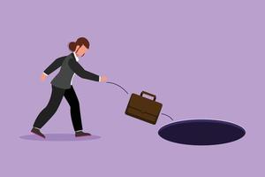 Cartoon flat style drawing of businesswoman throws briefcase into hole. Failure to take advantage of business opportunities. Depressed and business failure concept. Graphic design vector illustration