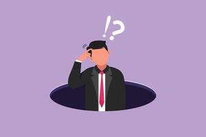 Graphic character flat design drawing confused businessman emerges from the hole. Depressed and business failure metaphor concept. Defeated employee in competition. Cartoon style vector illustration