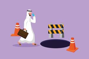 Character flat drawing young Arab businessman talking on cell phone and he does not see the hole in front. Male manager using smartphone and walks to business trap. Cartoon design vector illustration