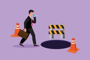 Cartoon flat style drawing young businessman talking on cell phone and he does not see the hole in front. Male manager using smartphone and walks to business trap. Graphic design vector illustration