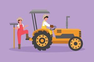 dibujo de estilo plano de dibujos animados feliz pareja de agricultores con tractor. el hombre conduce el tractor para arar los campos. mujer sosteniendo rastrillo. desafío agrícola exitoso en el campo. ilustración vectorial de diseño gráfico vector