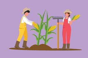 Cartoon flat style drawing young couple farmers picking corn on the tree. Family farming business, seasonal chore. Natural vegetables harvest, agricultural activity. Graphic design vector illustration