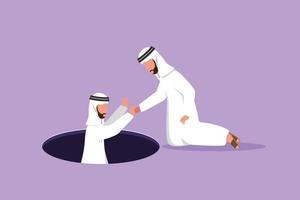 Graphic flat design drawing competitive Arab businessman helping his friend by take him out from hole. Two men one of whom helps another. Business struggle, teamwork. Cartoon style vector illustration