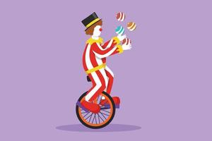 Cartoon flat style drawing attractive male clown juggling on a bicycle. The playing clown was very funny and entertained the audience. Circus show event performance. Graphic design vector illustration