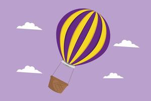 Cartoon flat style drawing of colorful hot air balloon with stripe pattern and a passenger basket. Fun flying vacation experience in the sky with the happy family. Graphic design vector illustration