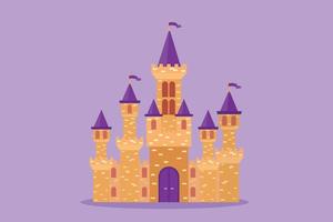 castillo de dibujo de estilo plano de dibujos animados en el parque de atracciones con siete torres y tres banderas. edificio fuerte que habla de la vida en el reino. palacio donde vivía la familia real. ilustración vectorial de diseño gráfico vector