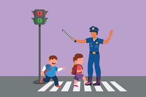 Cartoon flat drawing elementary school students crossing road on zebra crossing are helped by traffic police holding stop signs. Pedestrian or crossing path concept. Graphic design vector illustration