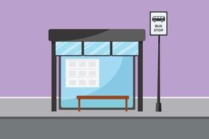 Graphic flat design drawing empty bus stop with shelter, simple bus sign, information poster and bench located on side of urban roads where passengers get on and off. Cartoon style vector illustration