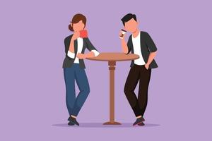 Cartoon flat style drawing loving couple is drinking coffee and stand at table in cafe. Friends or colleagues meeting in bistro, drinking beverage, pastime together. Graphic design vector illustration