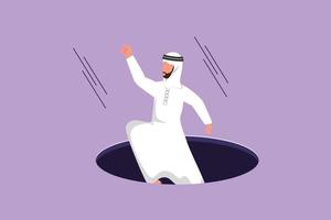 Character flat drawing Arabian businessman fell into manhole underground sewer. Manager fell sewer hatch. Depressed and business failure. Defeated worker metaphor. Cartoon design vector illustration