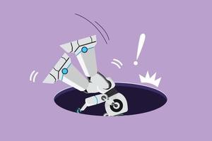 Cartoon flat style drawing robot falling into pit hole. Legs up. Protruding leg from hatch, puddles. Tech business failure metaphor. Robotic artificial intelligence. Graphic design vector illustration