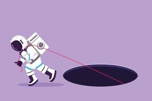 Character flat drawing young astronaut trying hard pulling rope to drag something from hole in moon surface. Metaphor to facing big problem. Cosmonaut outer space. Cartoon design vector illustration