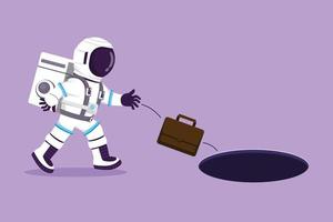 Character flat drawing of young astronaut throws briefcase into hole in moon surface. Failed to take advantage of exploration opportunities. Cosmonaut outer space. Cartoon design vector illustration