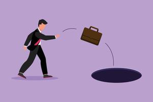 Character flat drawing young businessman throws briefcase into hole. Failure to take advantage of business opportunities. Frustrated worker due to financial crisis. Cartoon design vector illustration