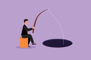 Graphic flat design drawing businessman sitting and holding fishing rod from hole. Male manager fishing with rod. Business investment metaphor. Make money from idea. Cartoon style vector illustration