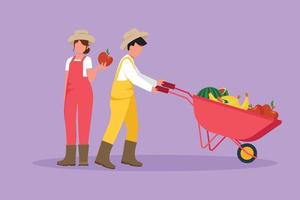 Cartoon flat style drawing couple farmers or gardeners. Man pushing wheelbarrow full of fruits, woman holding apple. Organic farm products, natural and tasty food. Graphic design vector illustration