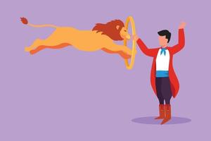 Character flat drawing a lion jumping into circle held by trainer. Trainer stands up carefully. Very challenging animal circus show. Success business entertainment. Cartoon design vector illustration