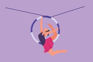 diseño gráfico plano que dibuja acrobacias femeninas en el aro aéreo mientras baila y tiene una pierna levantada cerca de la parte posterior de su cabeza. entretenimiento de eventos de espectáculos de circo. ilustración vectorial de estilo de dibujos animados vector