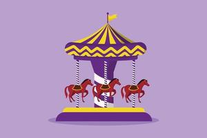 dibujo gráfico de diseño plano de un colorido carrusel de caballos en un parque de diversiones girando en círculo bajo una carpa a rayas con una bandera en él. jugar en el festival al aire libre del parque de atracciones. ilustración vectorial de estilo de dibujos animados vector