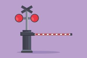 Cartoon flat style drawing automatic railway barrier with siren, stripes, signs, and warning lights closes railroad crossings to prevent vehicles from entering. Graphic draw design vector illustration