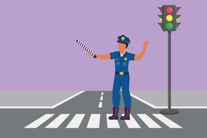 Cartoon flat style drawing policeman on crossing path near traffic light, in full uniform, lifting traffic stick are controlling crowds of vehicles during rush hour. Graphic design vector illustration