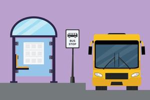 Character flat drawing bus stop with shelter, simple bus sign, information poster, bench and yellow bus waiting passengers to get on and off, continue the journey. Cartoon design vector illustration