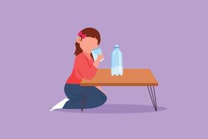 Character flat drawing of little girl sitting and drinking glass of milk. Bottle of milk on table, child holding glass of white healthy beverage. Food, diet, health. Cartoon design vector illustration