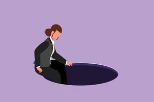 Cartoon flat style drawing young businesswoman descend into the hole. Concept of failure to take advantage of business opportunities. Depressed and business failure. Graphic design vector illustration